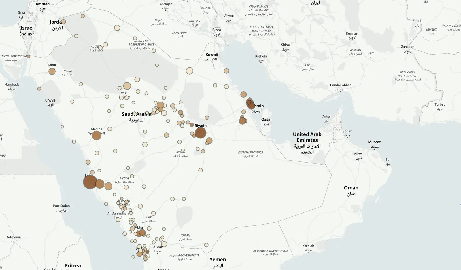 خريطة السعودية: كل دائرة تمثل مدينة فيها صفقات، ولونها بحسب وسيط سعر المتر، وحجمها بحسب عدد الصفقات.