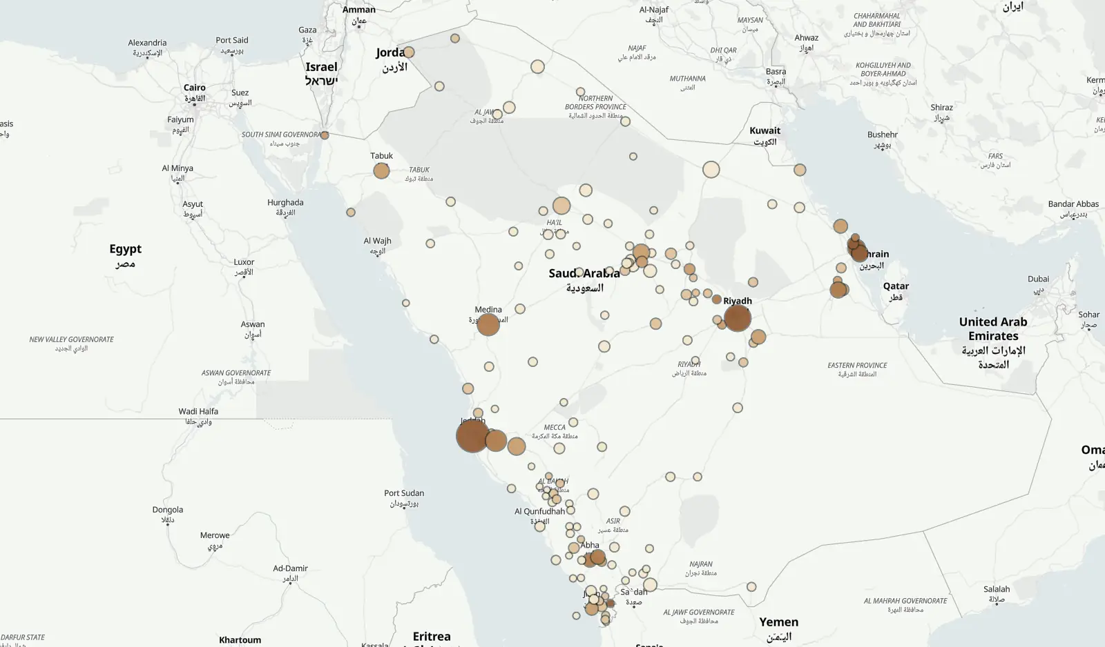 Map of Saudi Arabia: each circle is a city with sales, coloured by its median price per square metre and sized by its number of deals.